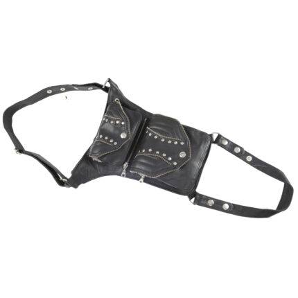 Black tactical leather thigh bag with two riveted zip compartments and leg strap by Dario Lario