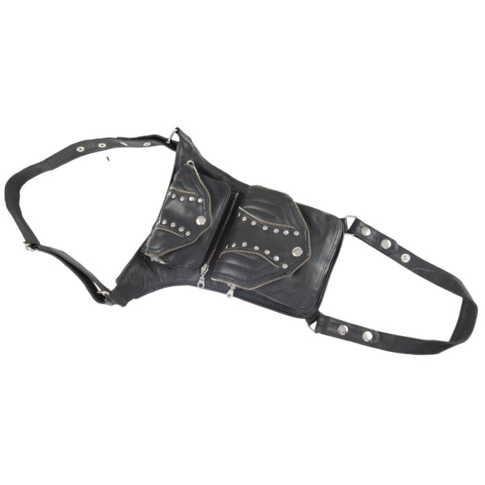 Black tactical leather thigh bag with two riveted zip compartments and leg strap by Dario Lario