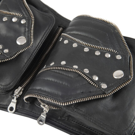 Black tactical leather thigh bag with two riveted zip compartments and leg strap by Dario Lario