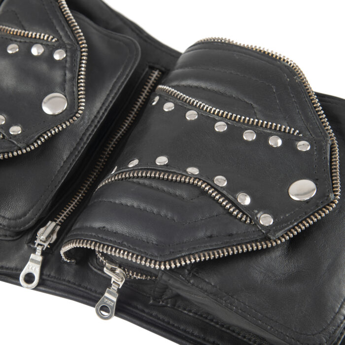 Black tactical leather thigh bag with two riveted zip compartments and leg strap by Dario Lario