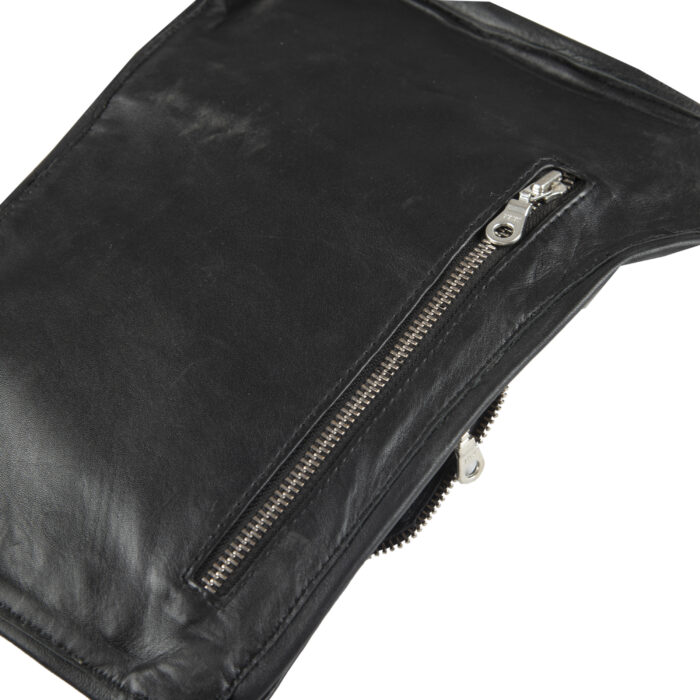 Black tactical leather thigh bag with two riveted zip compartments and leg strap by Dario Lario