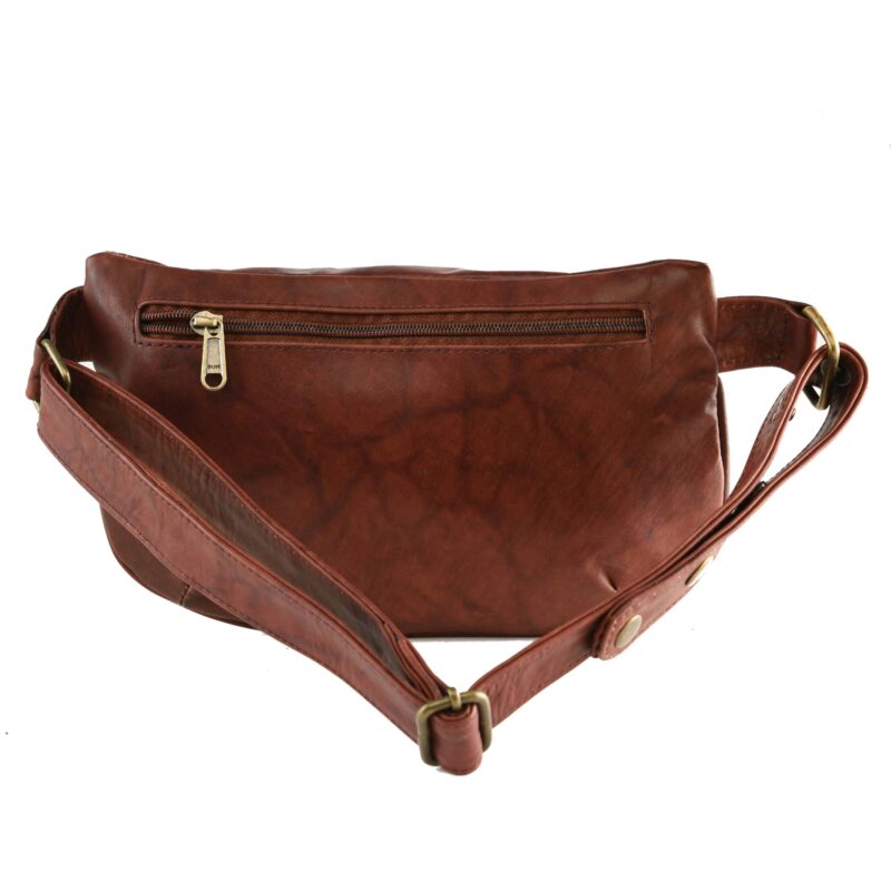 Cognac brown leather waist pouch with brass studs and dual zippers by Dario Lario on neutral backdrop
