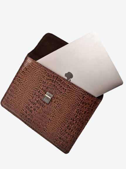 Croc-Embossed Cognac Brown & Black Leather Laptop Sleeve – Compatible for all