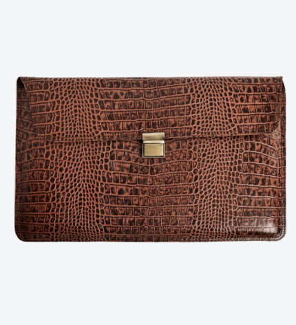 Croc-Embossed Cognac Brown & Black Leather Laptop Sleeve – Compatible for all