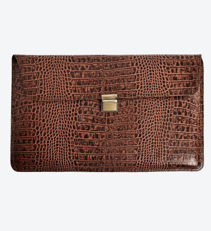 Croc-Embossed Cognac Brown & Black Leather Laptop Sleeve – Compatible for all