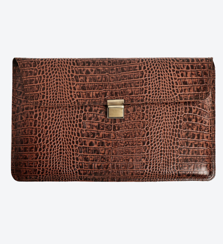 Croc-Embossed Cognac Brown & Black Leather Laptop Sleeve – Compatible for all