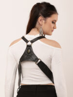 Model wearing black double leather shoulder bag – Dario Lario hollister-style harness pouch
