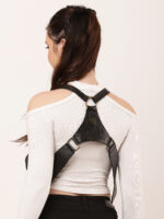 Model wearing black double leather shoulder bag – Dario Lario hollister-style harness pouch