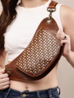 Dario Lario Full Studded Rusty Brown Leather Waist Pouch Handmade Vintage Rock Belt Bag