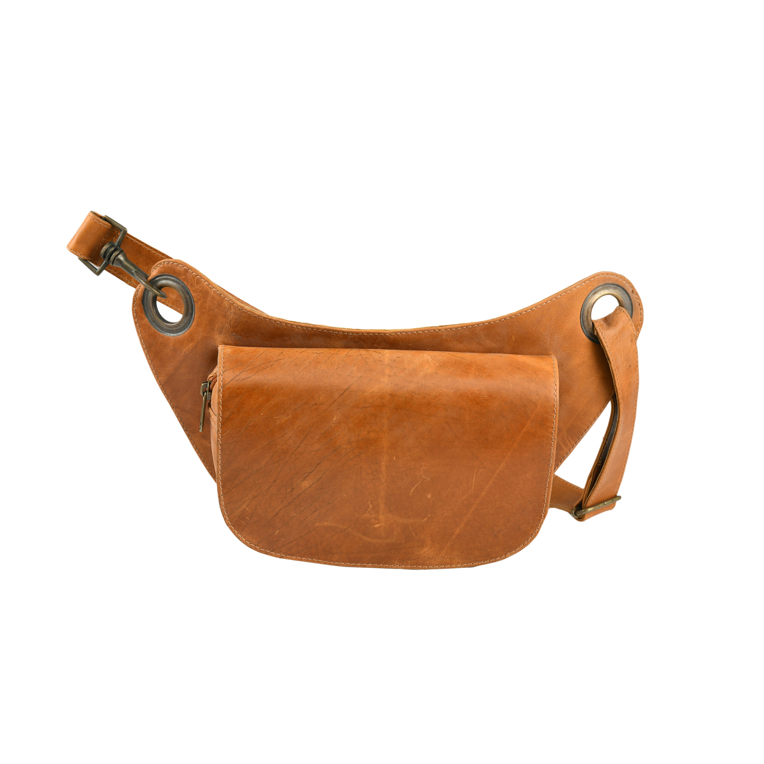 Dario Lario Vintage Tan Waist Pouch Minimalist Leather Hip Bag with Oversized Grommets