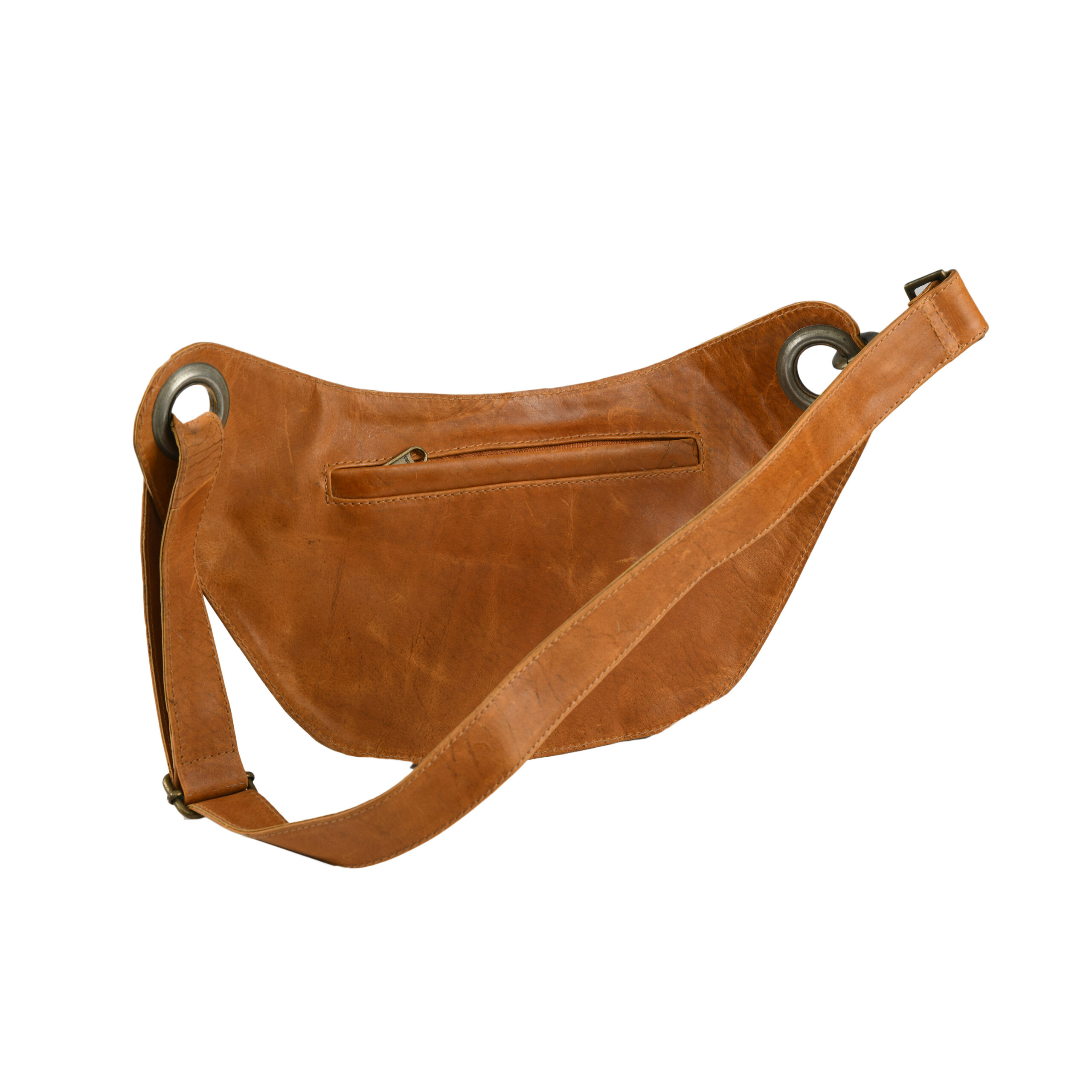 Dario Lario Vintage Tan Waist Pouch Minimalist Leather Hip Bag with Oversized Grommets