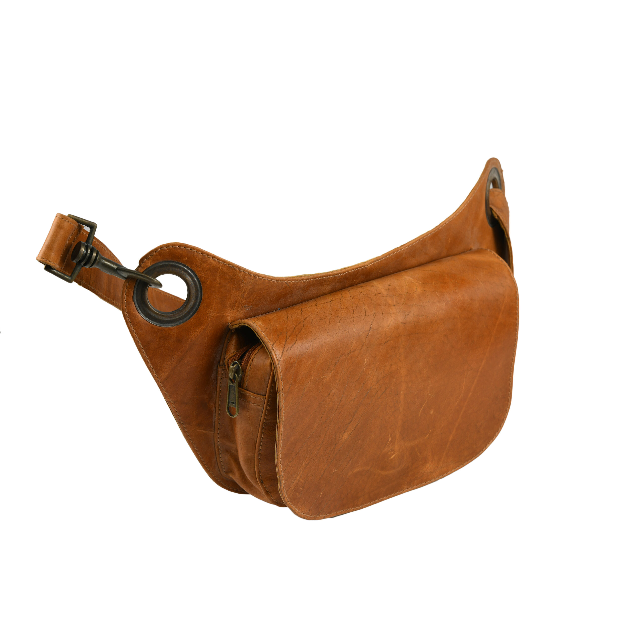 Dario Lario Vintage Tan Waist Pouch Minimalist Leather Hip Bag with Oversized Grommets