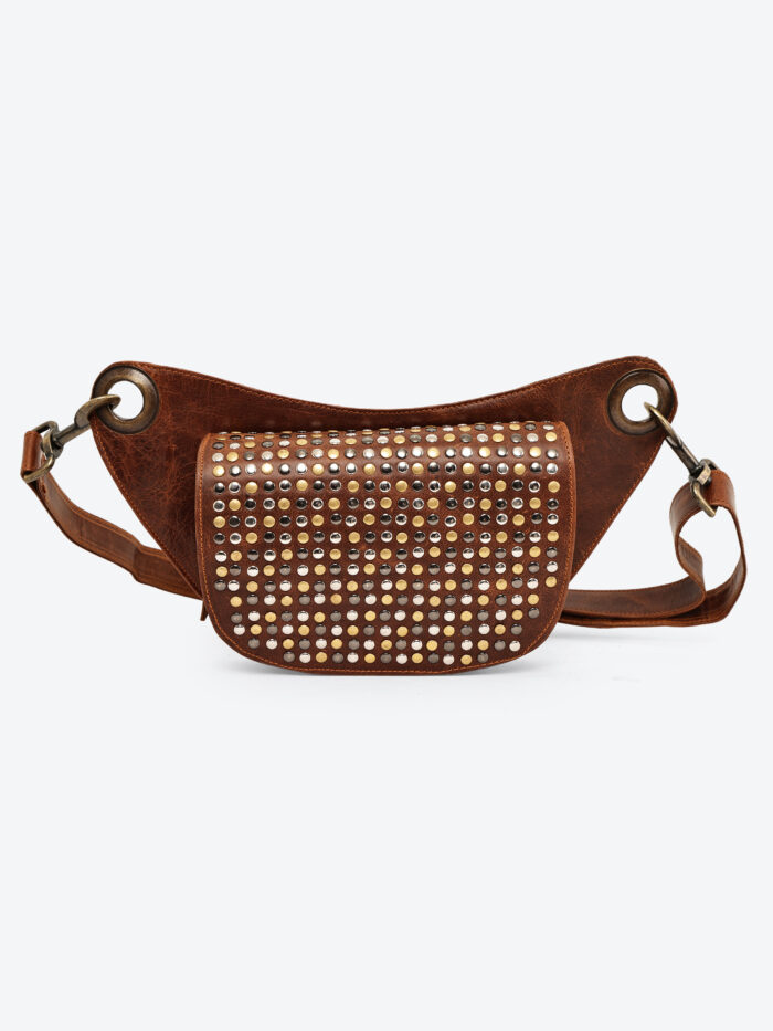Full studded Vintage Brown leather waist pouch by Dario Lario – handmade vintage rock belt bag