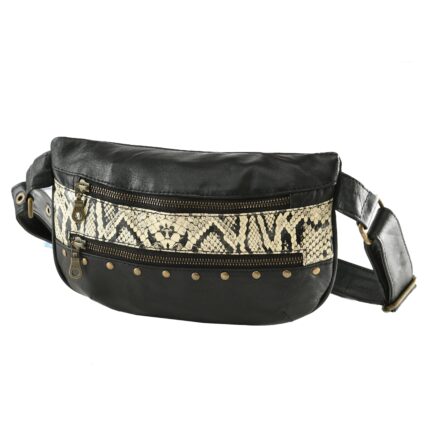 Savona Black Leather Waist Pouch with Python-Print Accent
