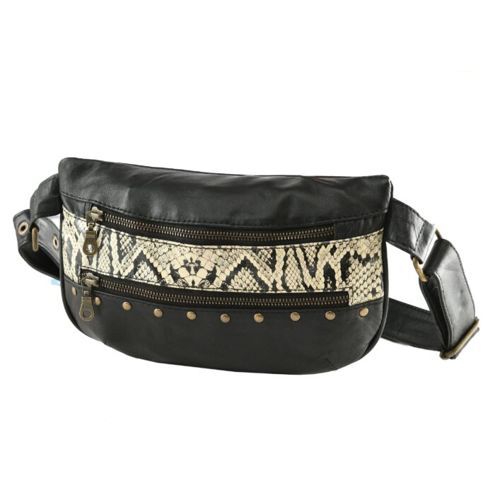 Savona Black Leather Waist Pouch with Python-Print Accent