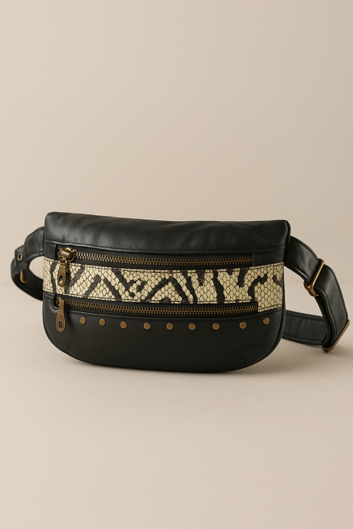 Savona Black Leather Waist Pouch with Python-Print Accent