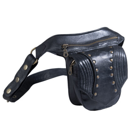Structured black leather waist pouch with riveted front panel and zipper compartments – Dario Lario