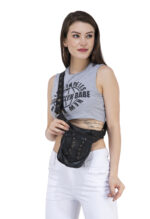 Structured black leather waist pouch with riveted front panel and zipper compartments – Dario Lario