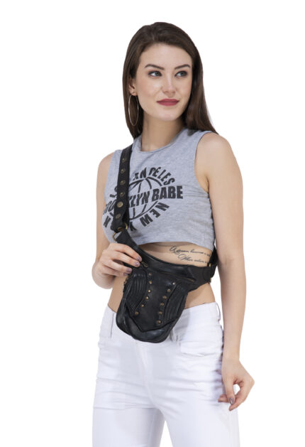 Structured black leather waist pouch with riveted front panel and zipper compartments – Dario Lario