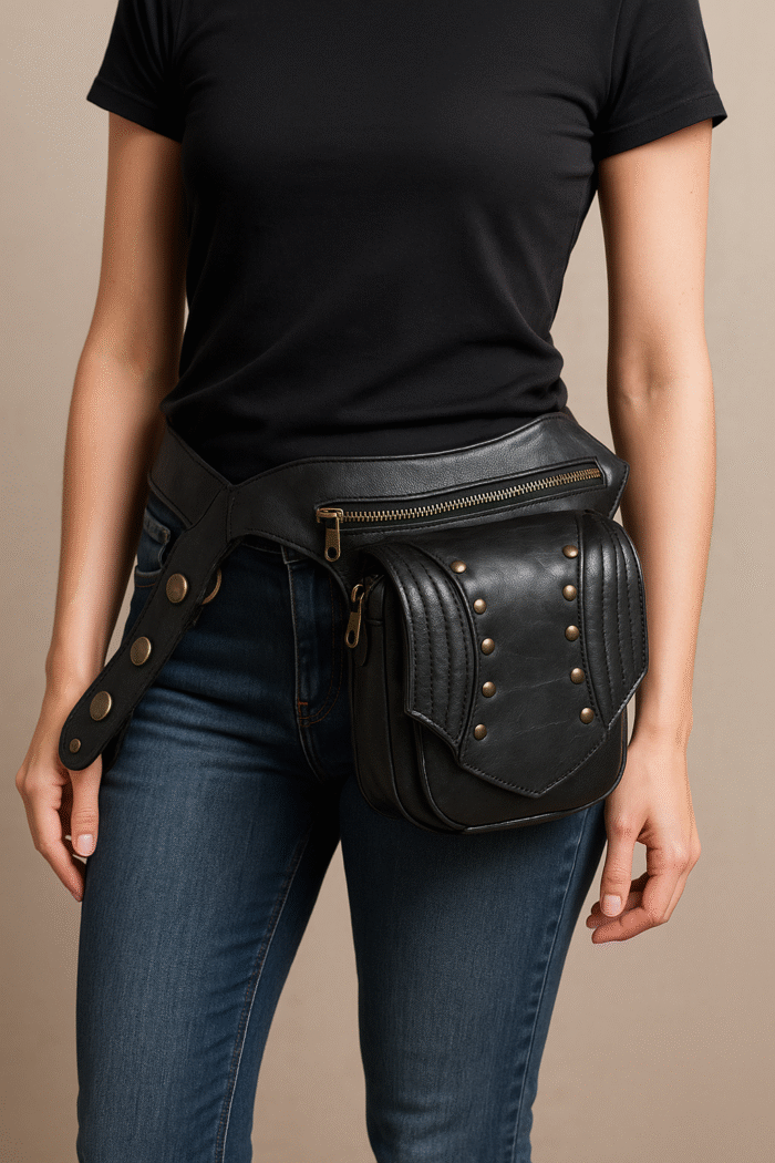 Structured black leather waist pouch with riveted front panel and zipper compartments – Dario Lario
