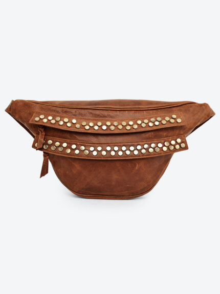 premium studded brown leather belt bag by dario lario – handcrafted crossbody waist package