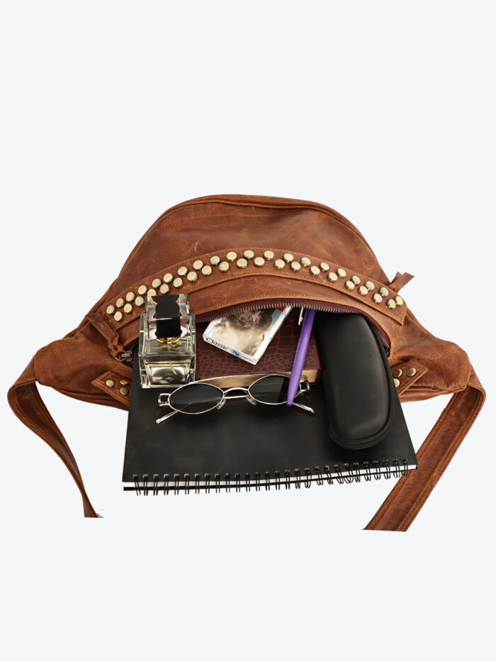 premium studded brown leather belt bag by dario lario – handcrafted crossbody waist package