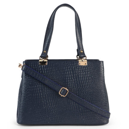 Blue croc-embossed leather handbag with double handles, placed in soft natural light with flowers nearby — a premium, handcrafted accessory by Dario Lario.