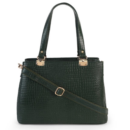 Brown croc-embossed leather handbag with double handles, placed in soft natural light with flowers nearby — a premium, handcrafted accessory by Dario Lario.