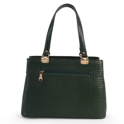 Brown croc-embossed leather handbag with double handles, placed in soft natural light with flowers nearby — a premium, handcrafted accessory by Dario Lario.