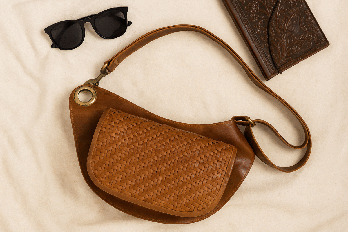 Full studded Vintage Brown leather waist pouch by Dario Lario – handmade vintage rock belt bag (2)-Photoroom