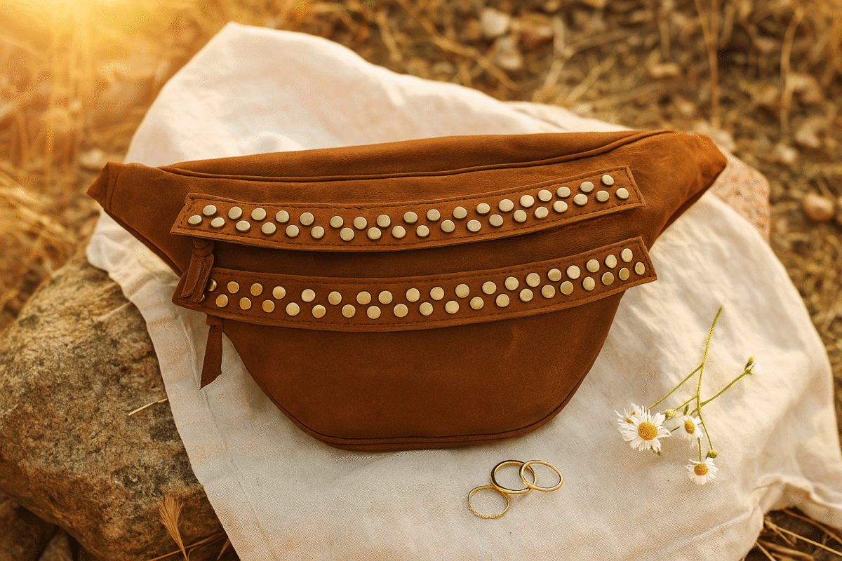 Full studded Vintage Brown leather waist pouch by Dario Lario – handmade vintage rock belt bag (2)-Photoroom