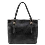 Black leather tote bag featuring structured silhouette and premium finish