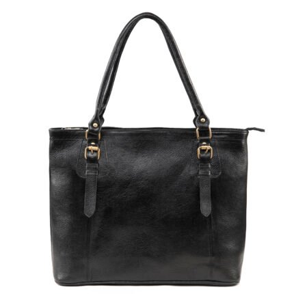 Black leather tote bag featuring structured silhouette and premium finish