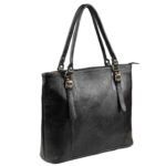 Black leather tote bag featuring structured silhouette and premium finish