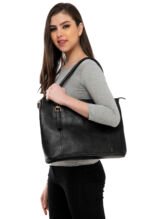 Black leather tote bag featuring structured silhouette and premium finish