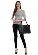Black leather tote bag featuring structured silhouette and premium finish