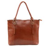 Tan leather tote bag with spacious interior and classic shoulder handles
