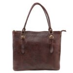 Brown genuine leather tote bag with double shoulder handles and structured design on white background