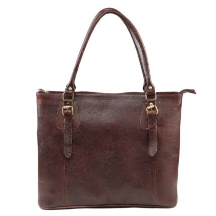 Brown genuine leather tote bag with double shoulder handles and structured design on white background