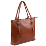 Tan leather tote bag with spacious interior and classic shoulder handles