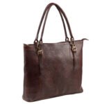 Brown genuine leather tote bag with double shoulder handles and structured design on white background