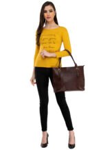 Brown genuine leather tote bag with double shoulder handles and structured design on white background