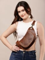 Studded brown leather waist pouch by Dario Lario – handmade vintage belt bag