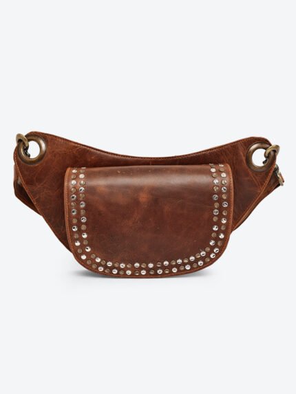 Studded brown leather waist pouch by Dario Lario – handmade vintage belt bag