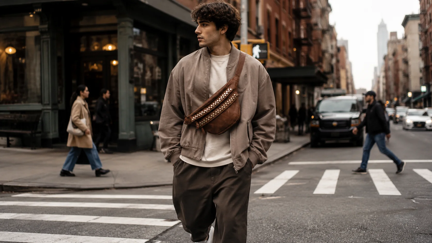 Leather belt bag worn with everyday city style